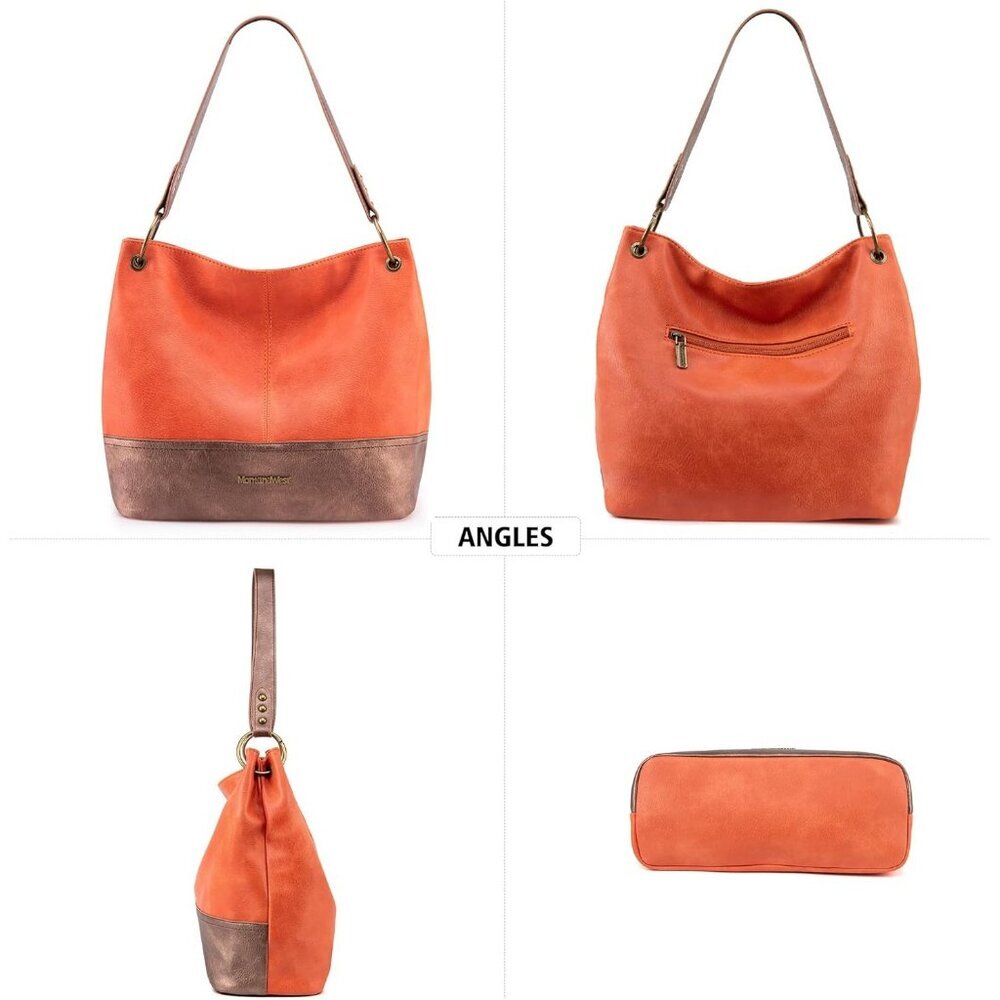 Women A-orange/Broze Imported Zipper Ladies Shoulder Handbags with Back Pocket - Picture 3 of 6